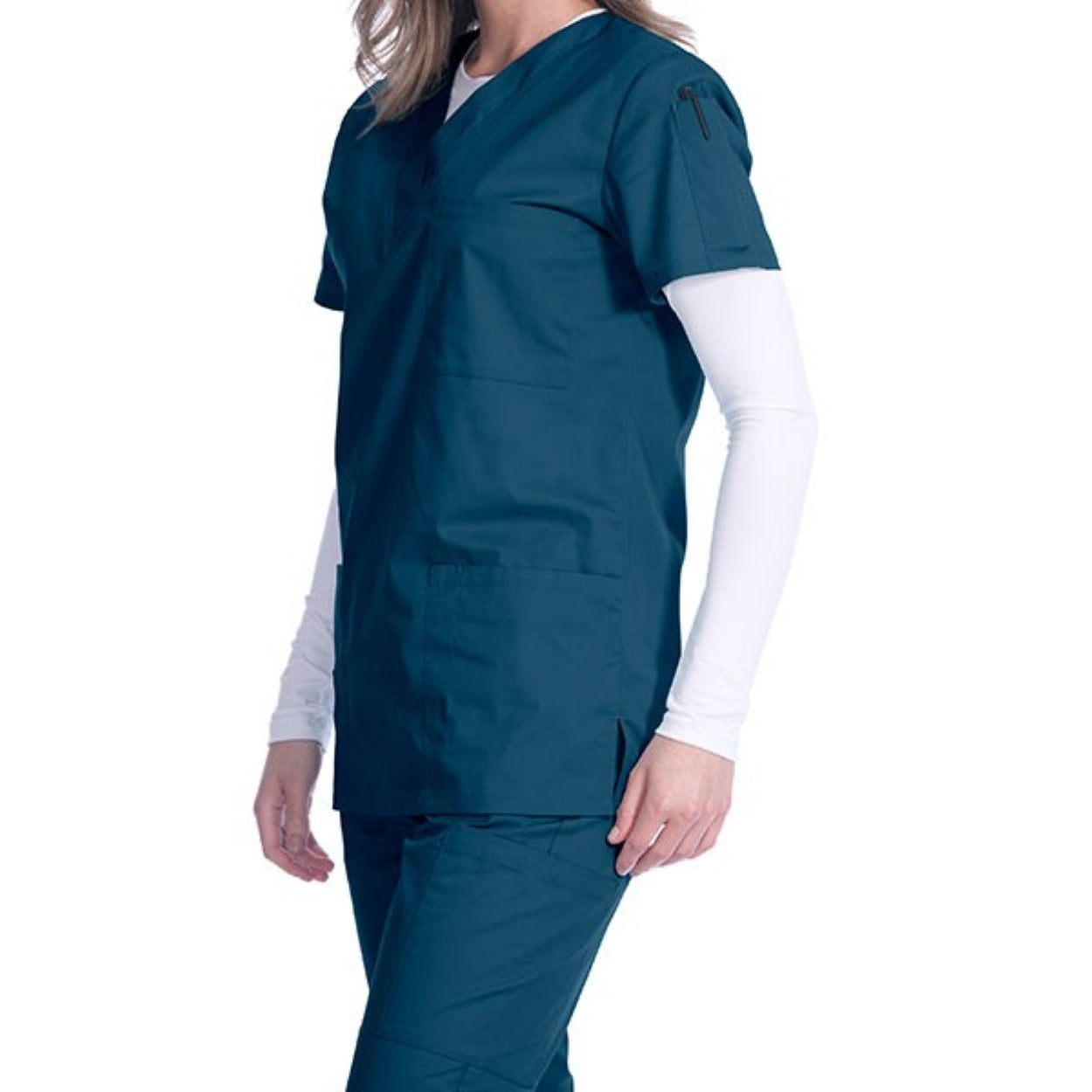 Caribbean blue scrub top on a white background