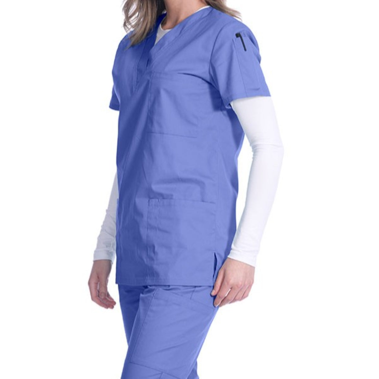 Ceil blue scrub top on a white background