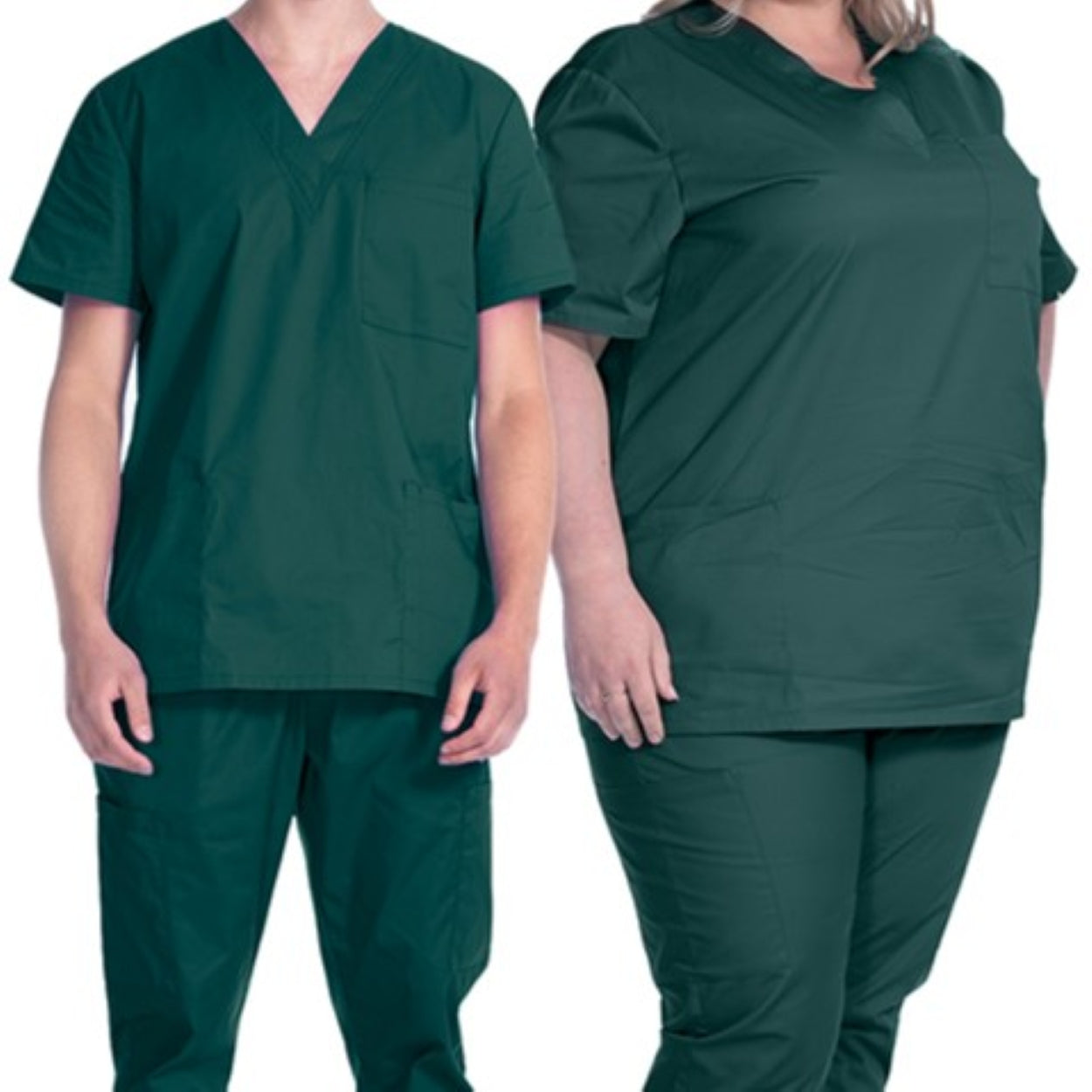 Forest green scrub tops on a white background