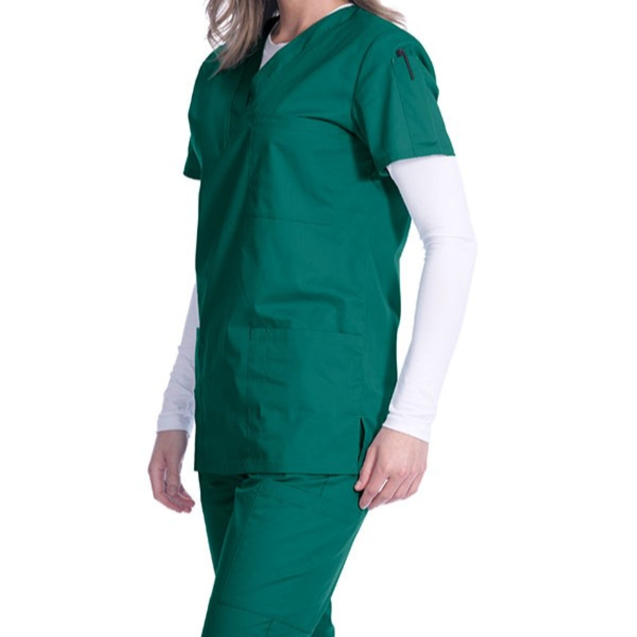 Hunter green scrub top on a white background