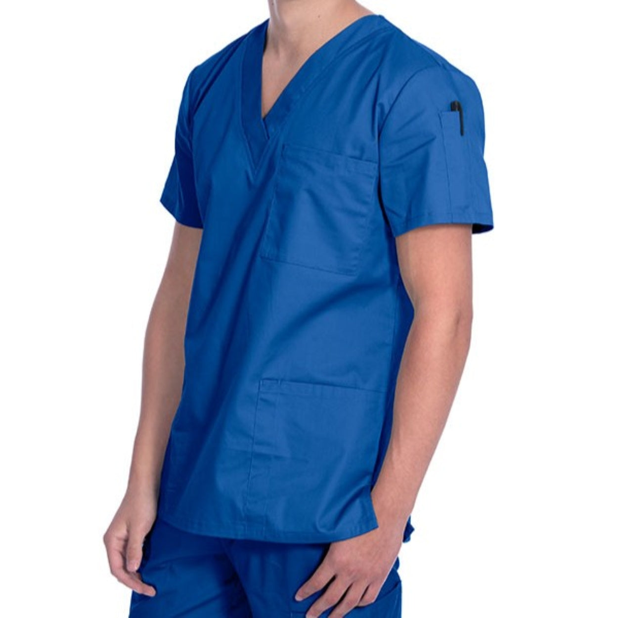 Royal blue scrub top on a white background