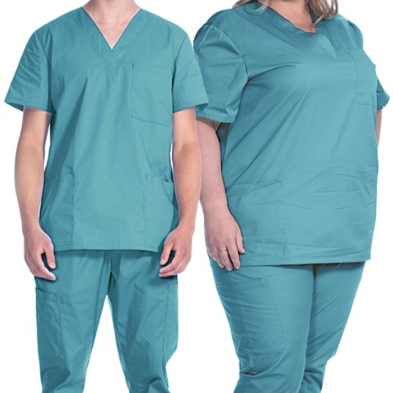 Surgical green scrub tops on a white background