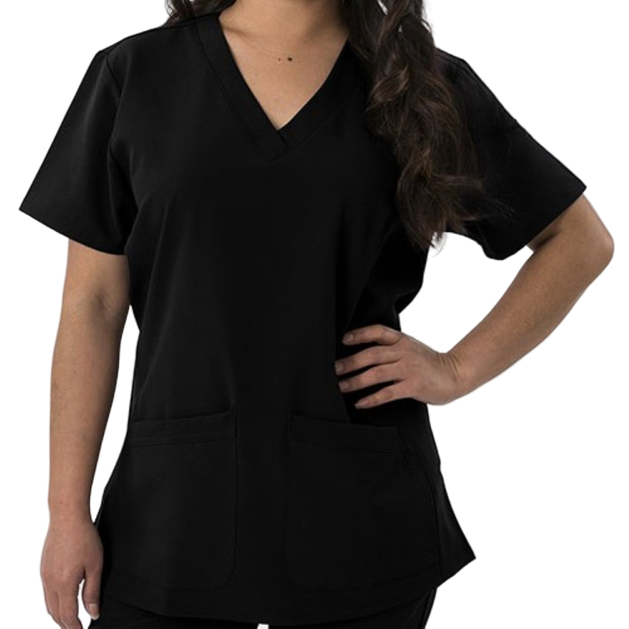 Black scrub top on a white background