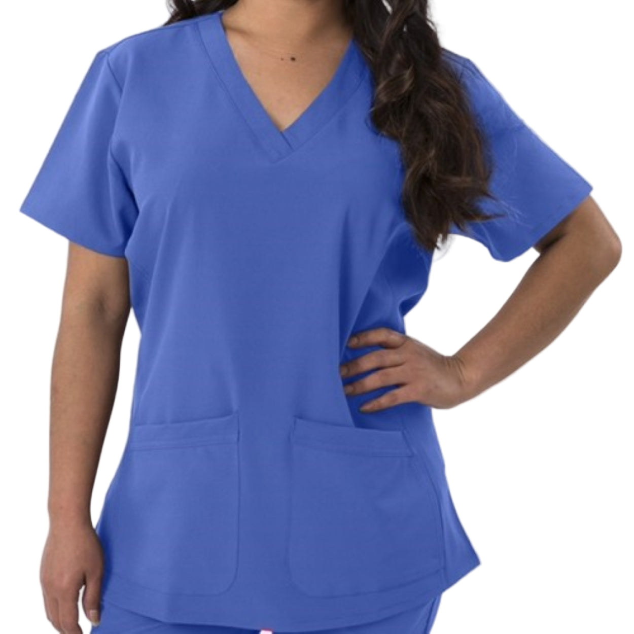 Ceil blue scrub top on a white background
