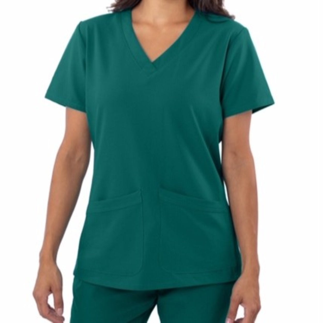 Hunter green scrub top on a white background