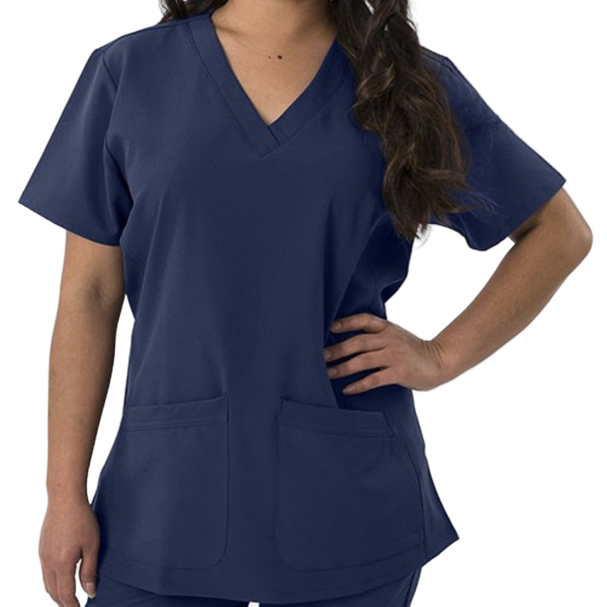 Navy scrub top on a white background
