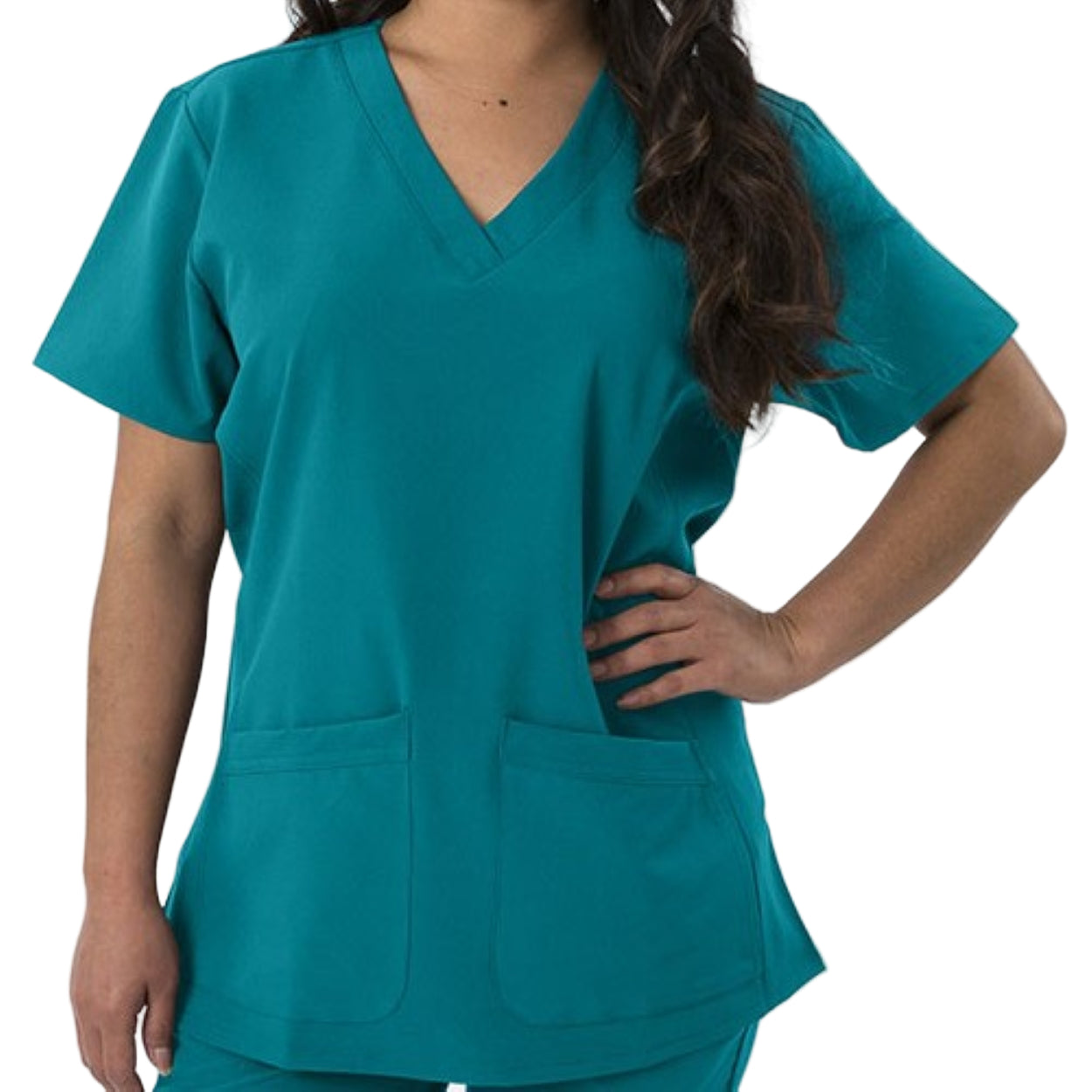New teal scrub top on a white background