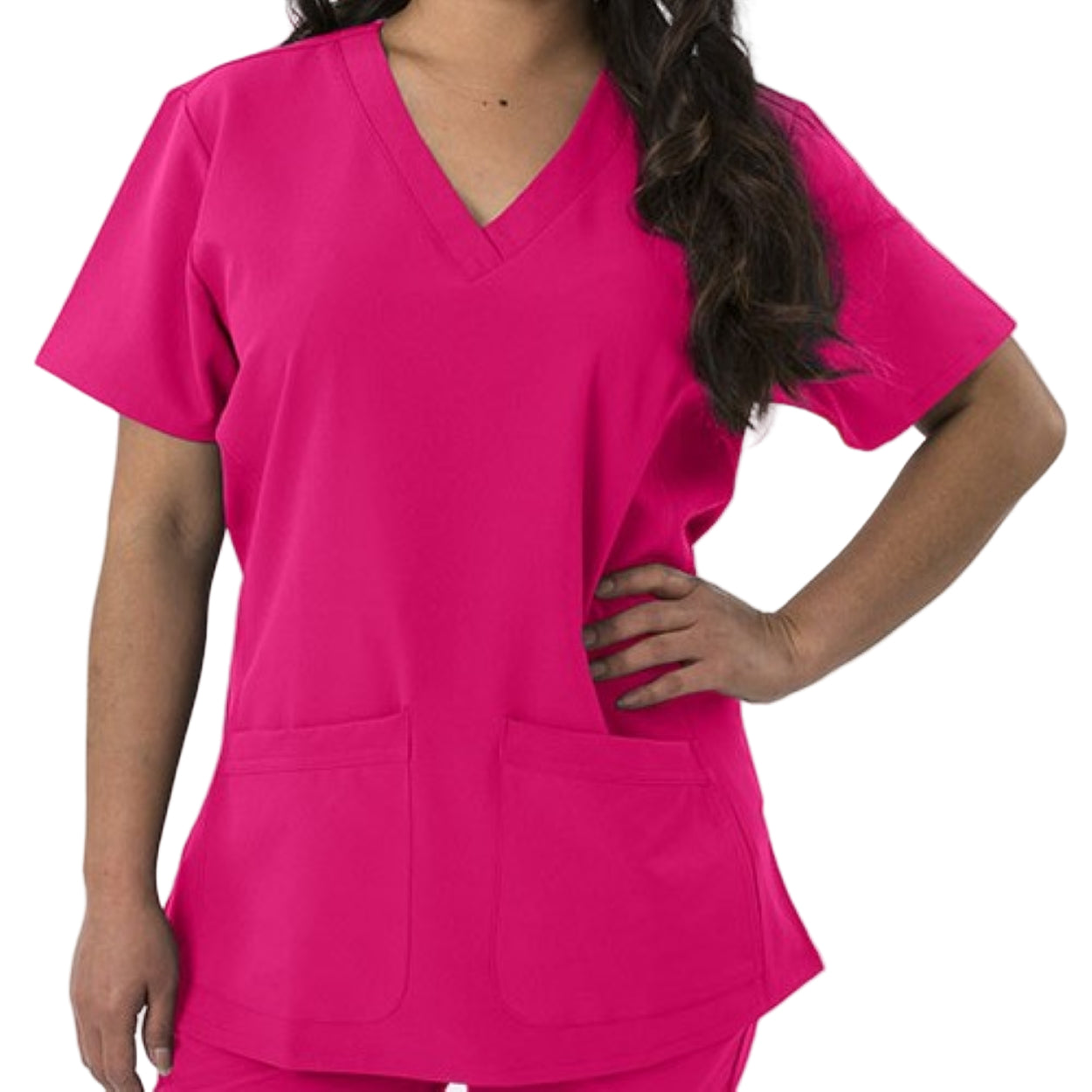 Raspberry pink scrub top on a white background