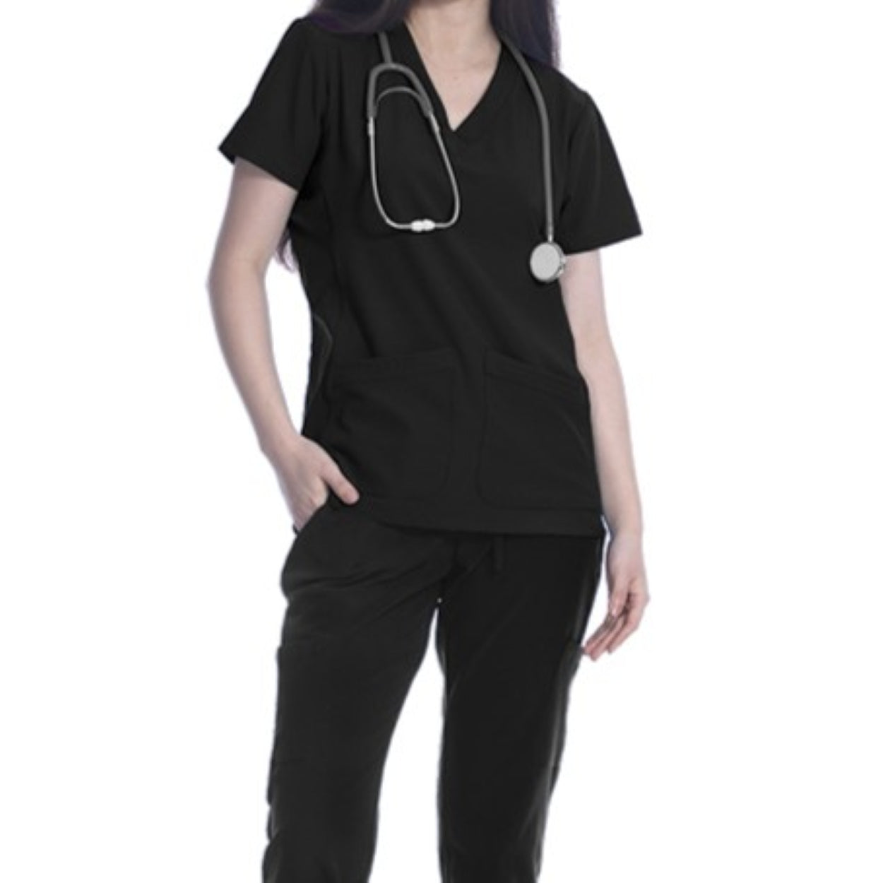 Black scrub top on a white background