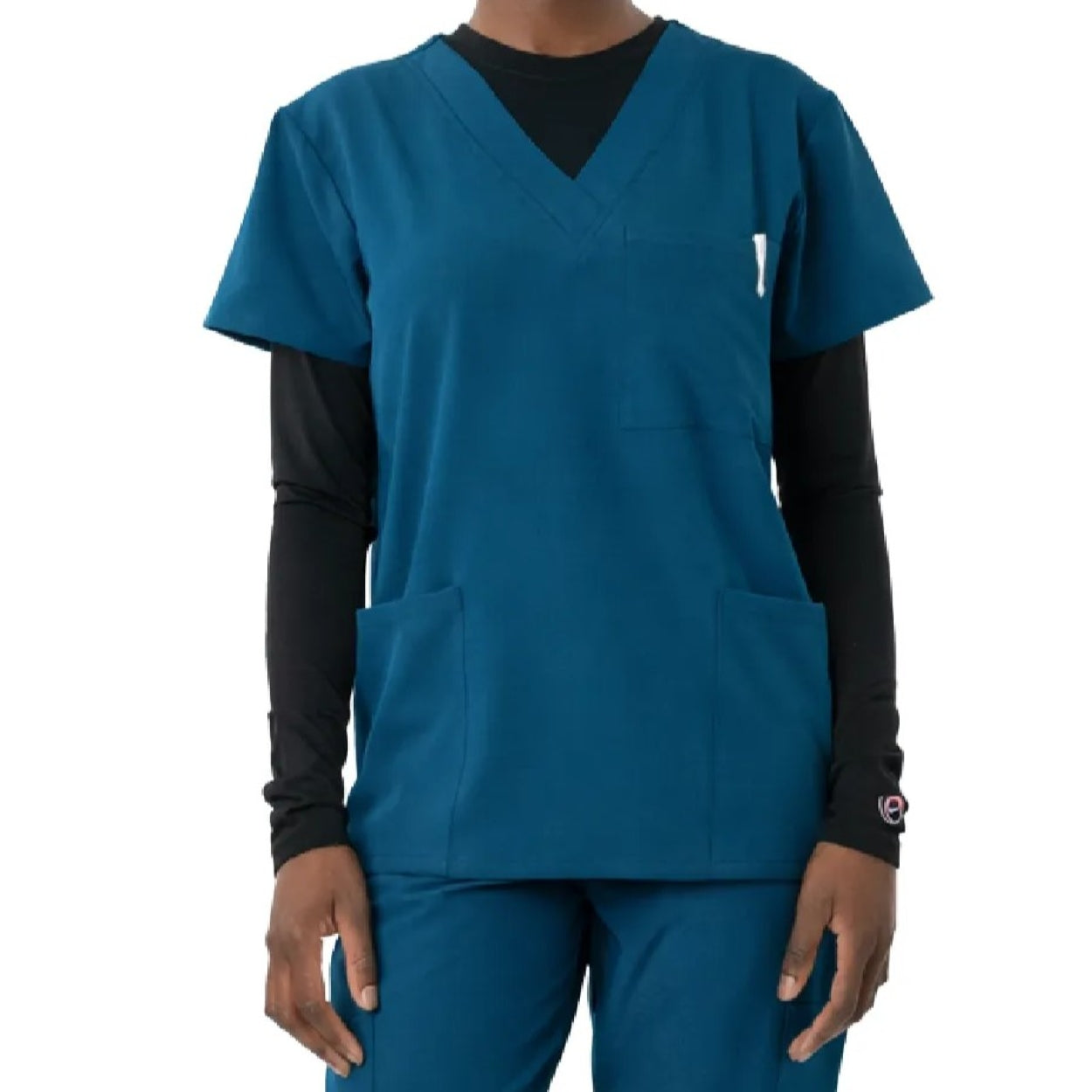 Caribbean blue scrub top on a white background
