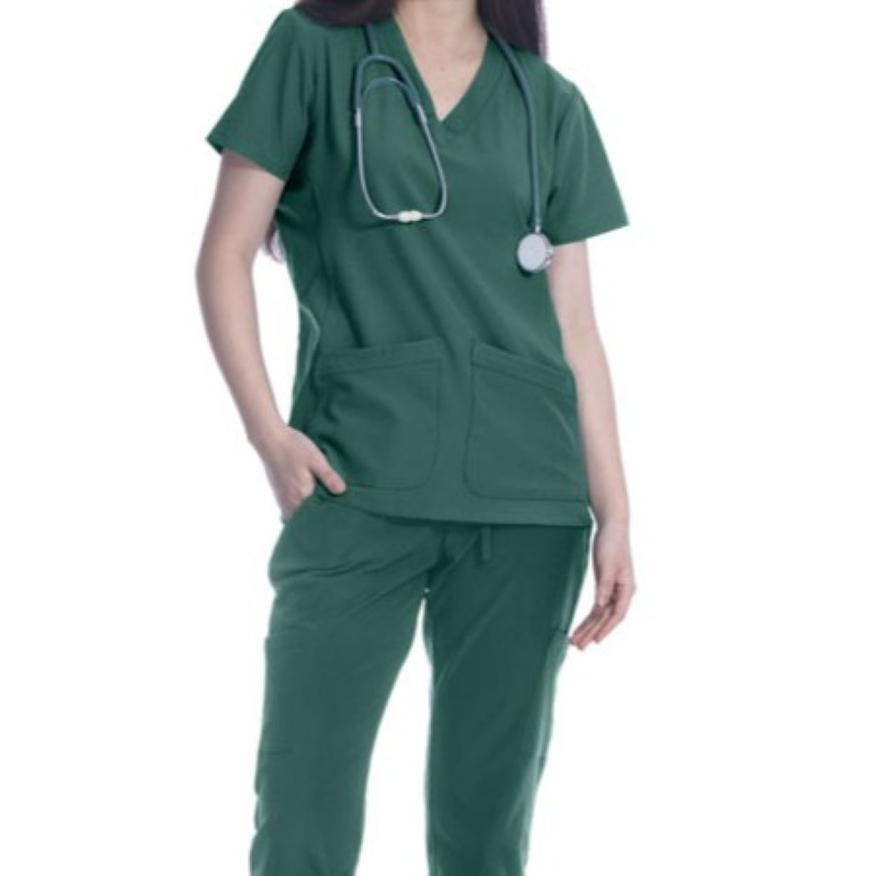 Hunter green scrub top on a white background