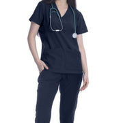 Navy scrub top on a white background