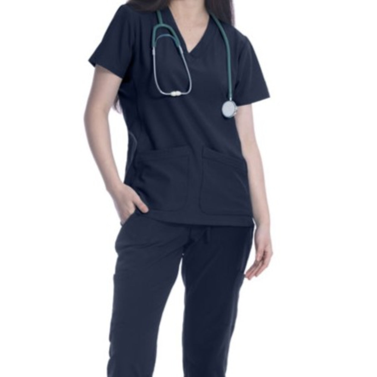 Navy scrub top on a white background