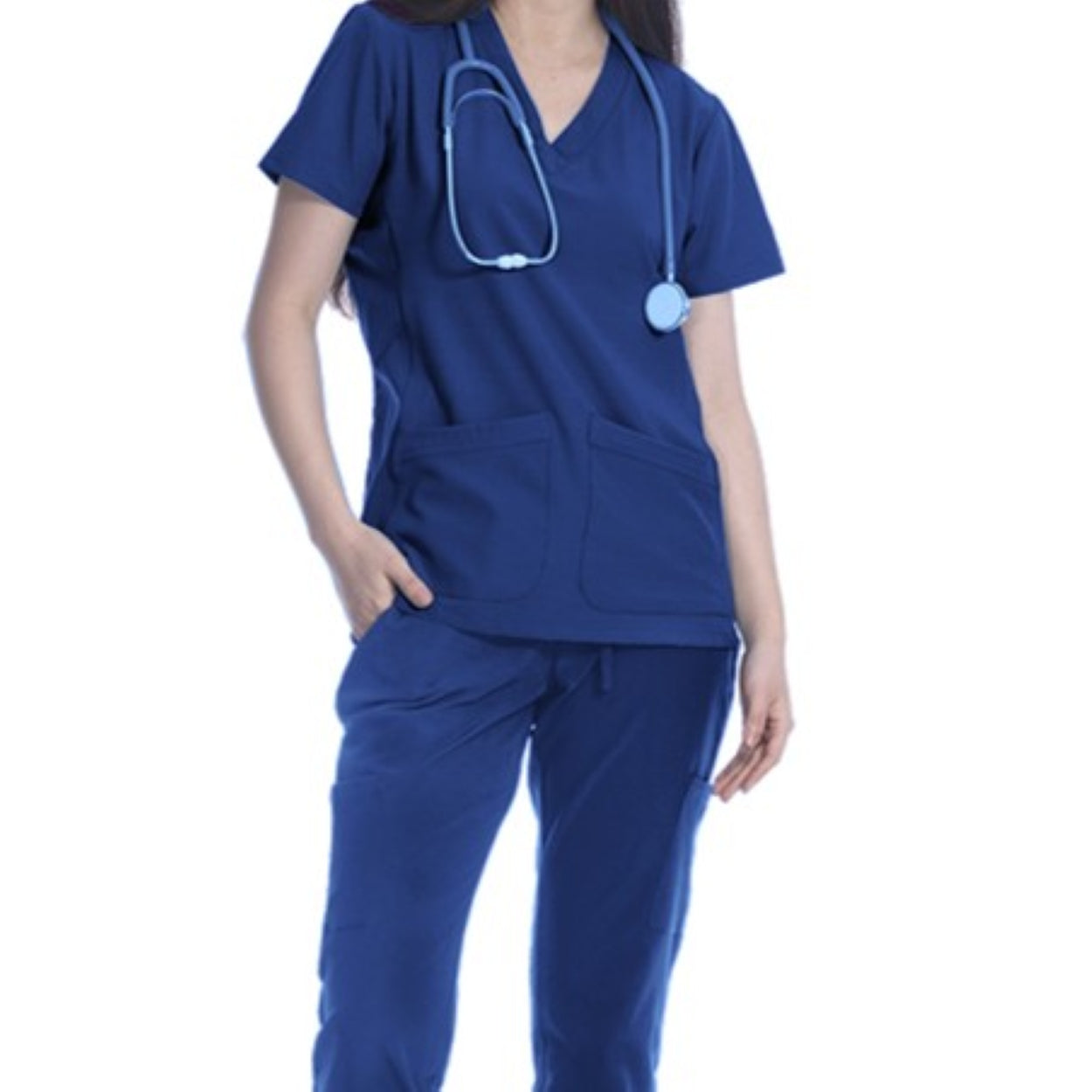 Postman blue scrub top on a white background