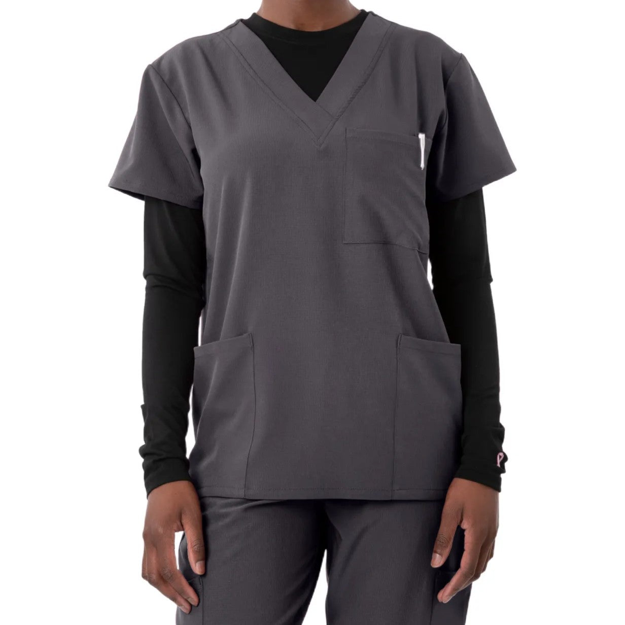 Steel grey scrub top on a white background