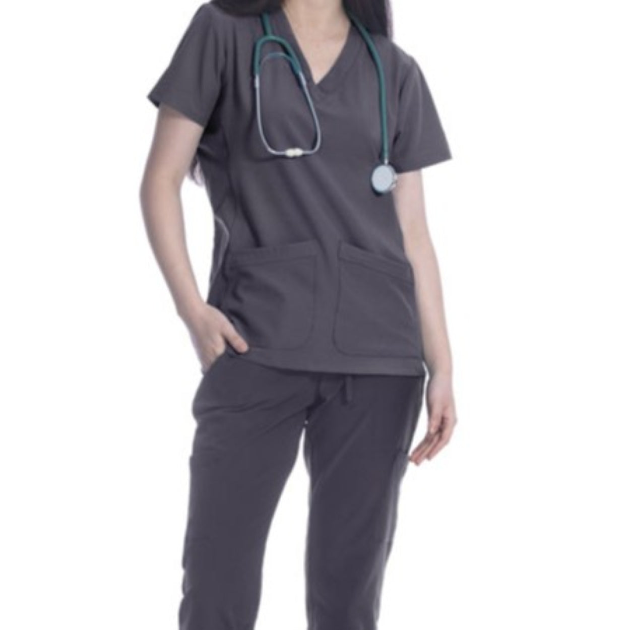 Steel grey scrub top on a white background