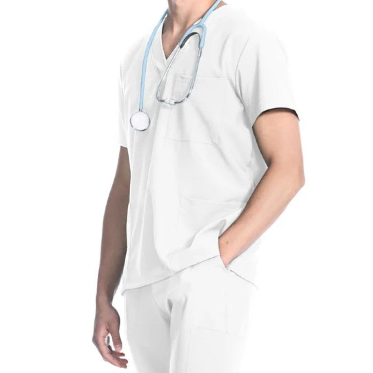 White scrub top on a white background