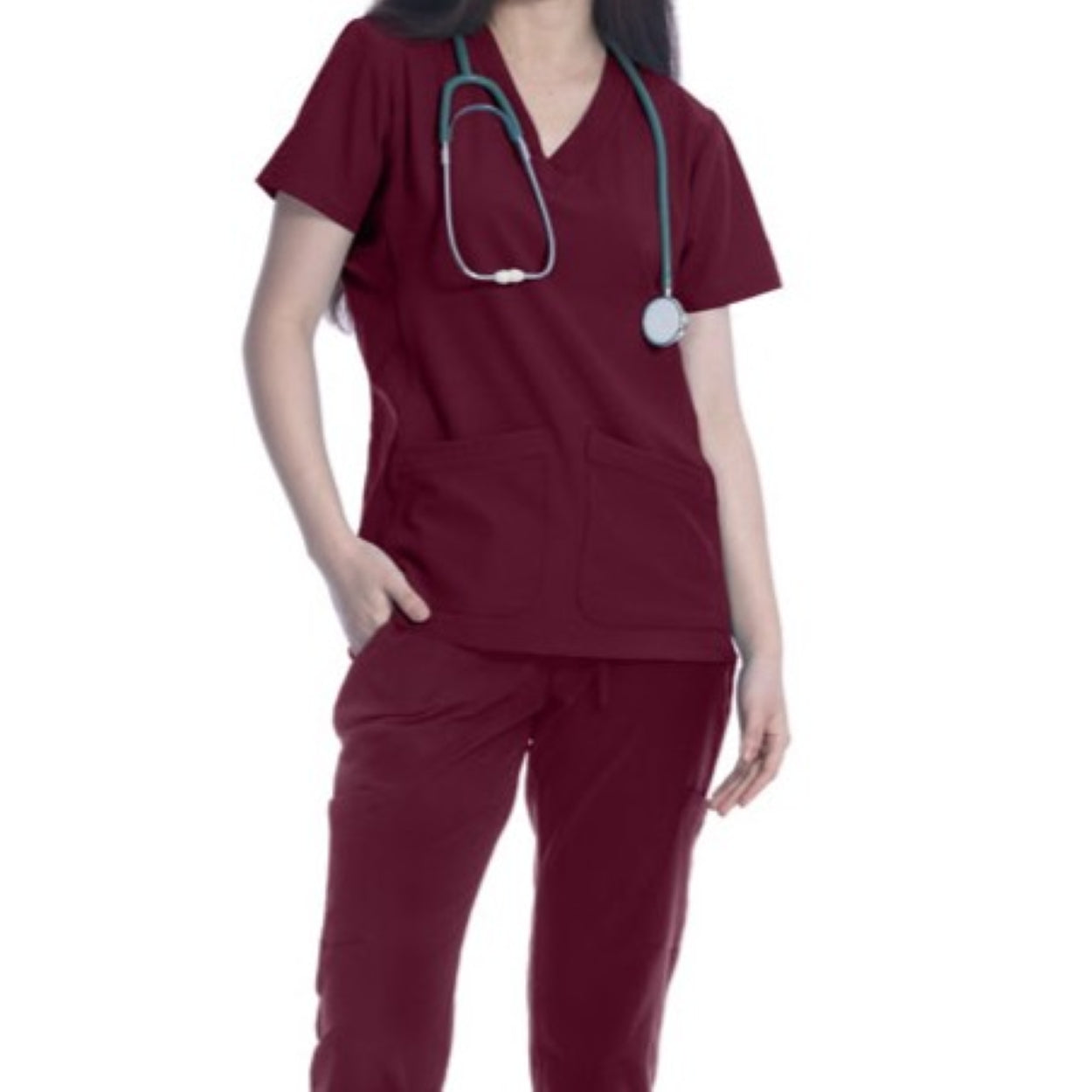 Wine burgundy scrub top on a white background