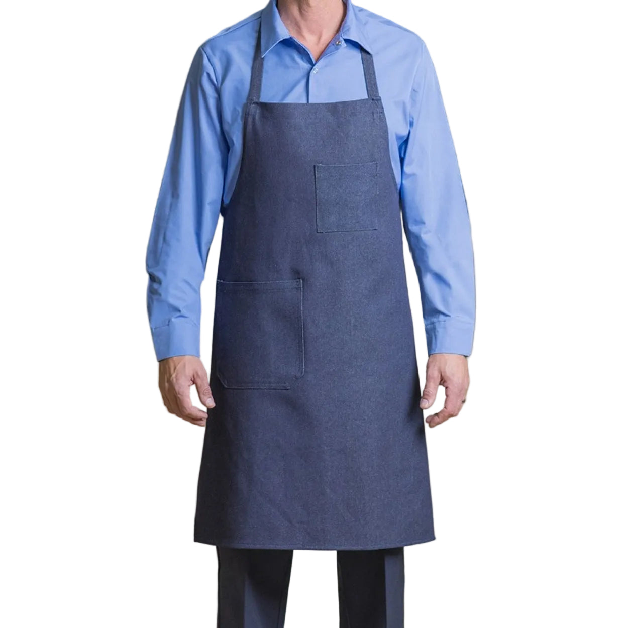 Navy denim apron on a white background
