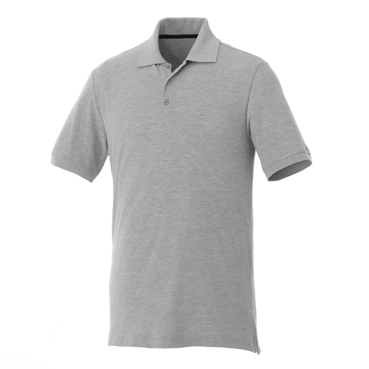 Heather grey polo shirt on a white background