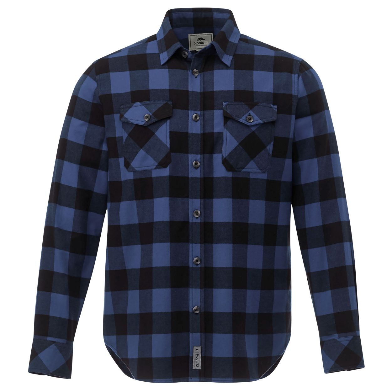 Indigo blue and black checkered shirt on a white background