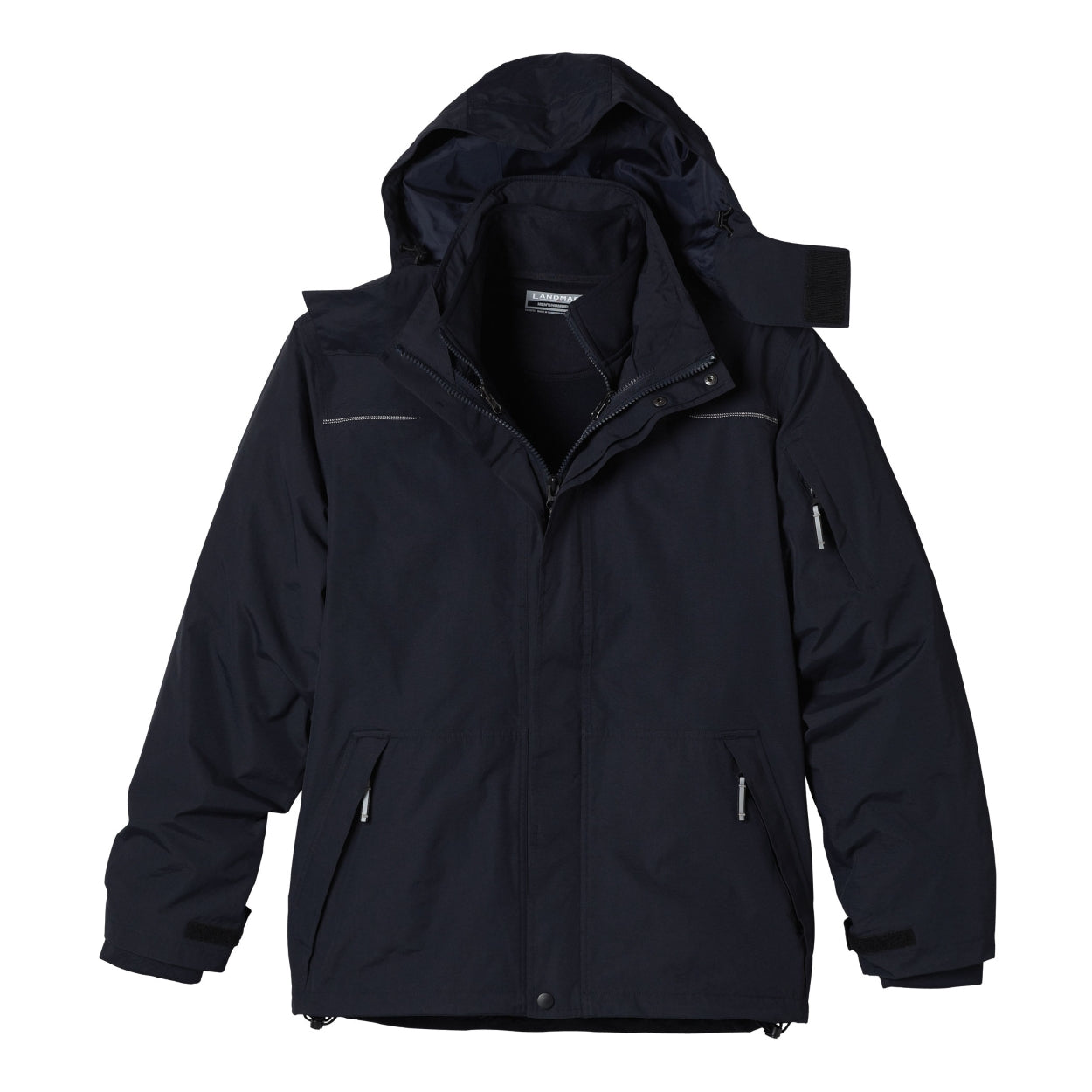 Navy hybrid coat on a white background