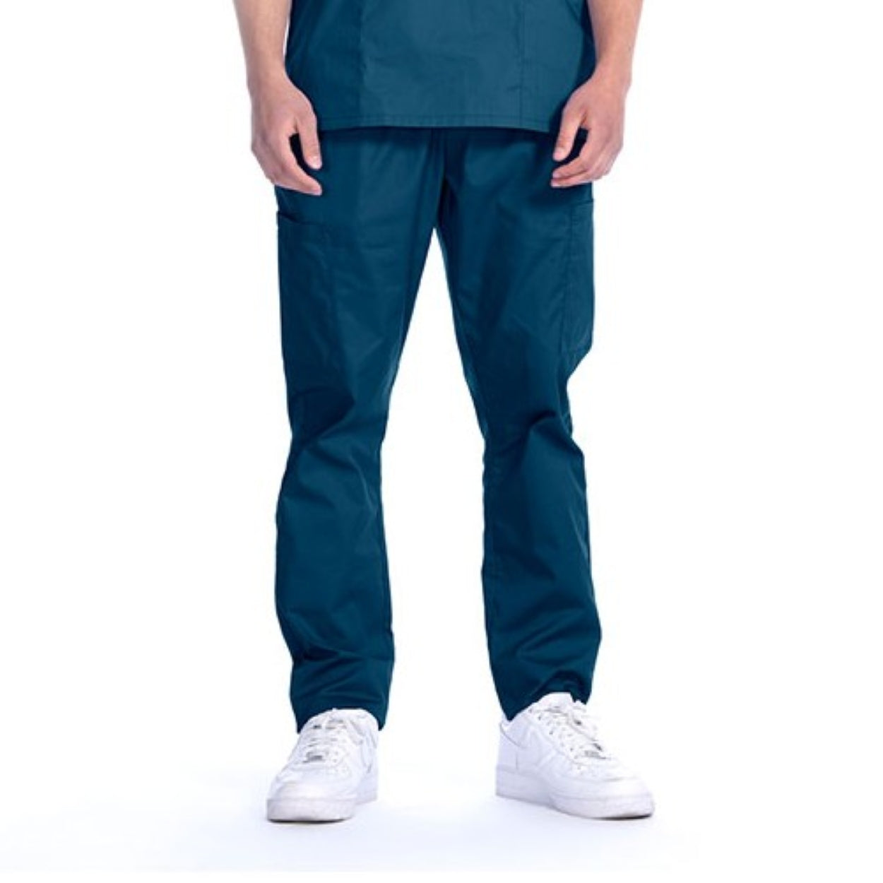 Caribbean blue scrub pants on a white background