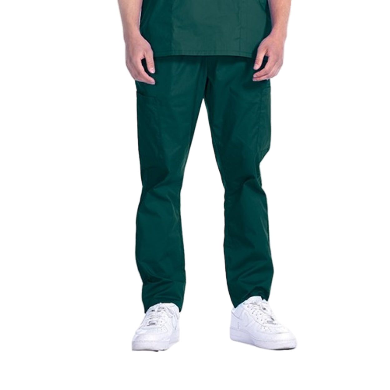 Forest green scrub pants on a white background
