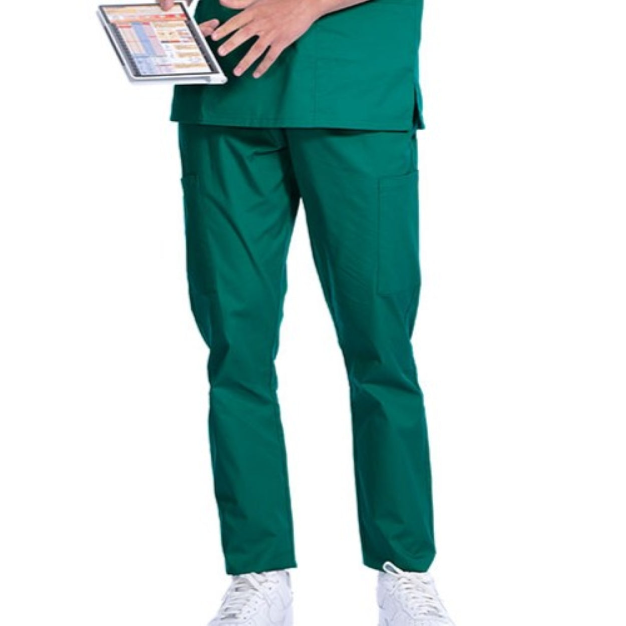 Hunter green scrub pants on a white background