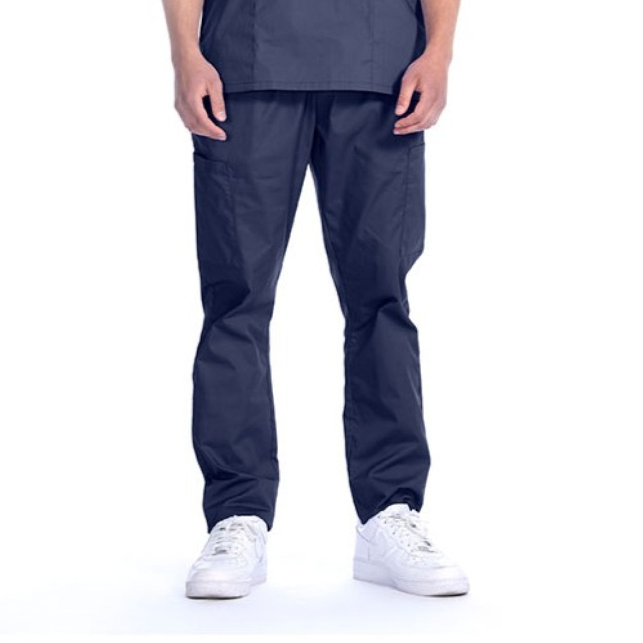 Navy scrub pants on a white background