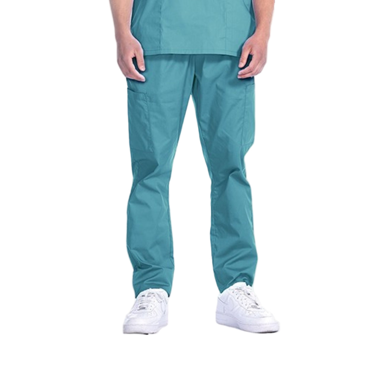 Surgical green scrub pants on a white background