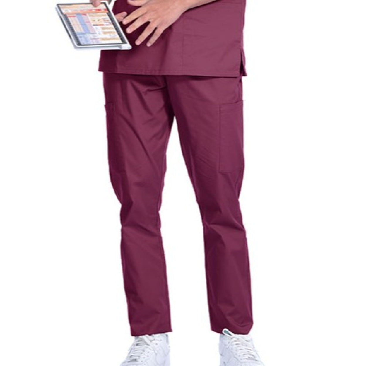 Wine burgundy scrub pants on a white background