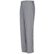 Black/white check pants on a white background