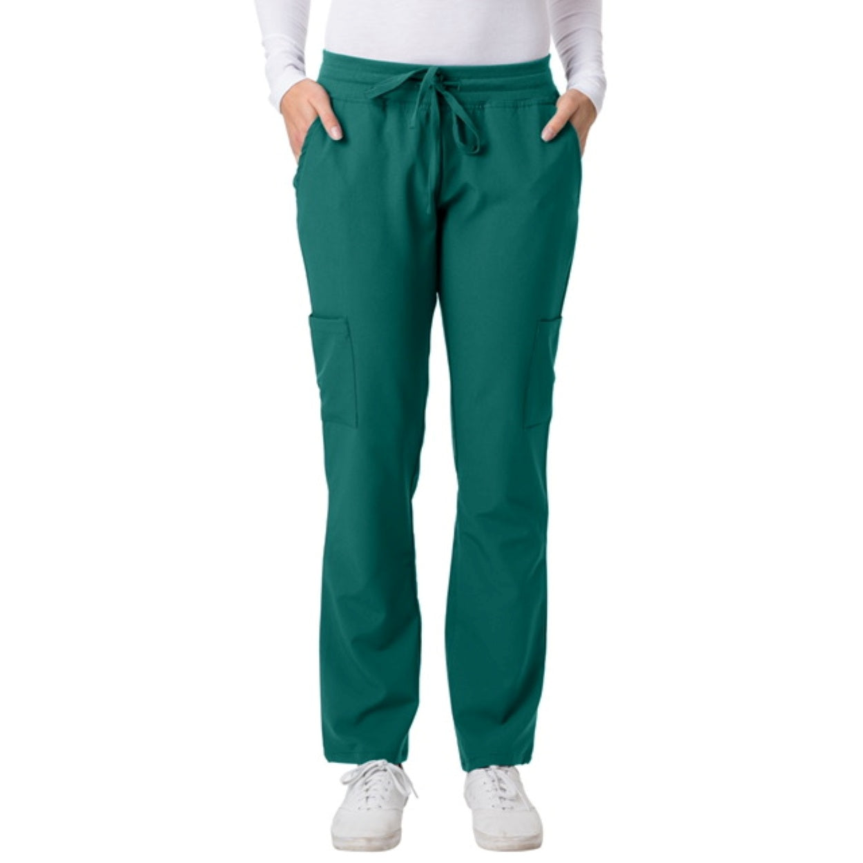 Hunter green scrub pants on a white background