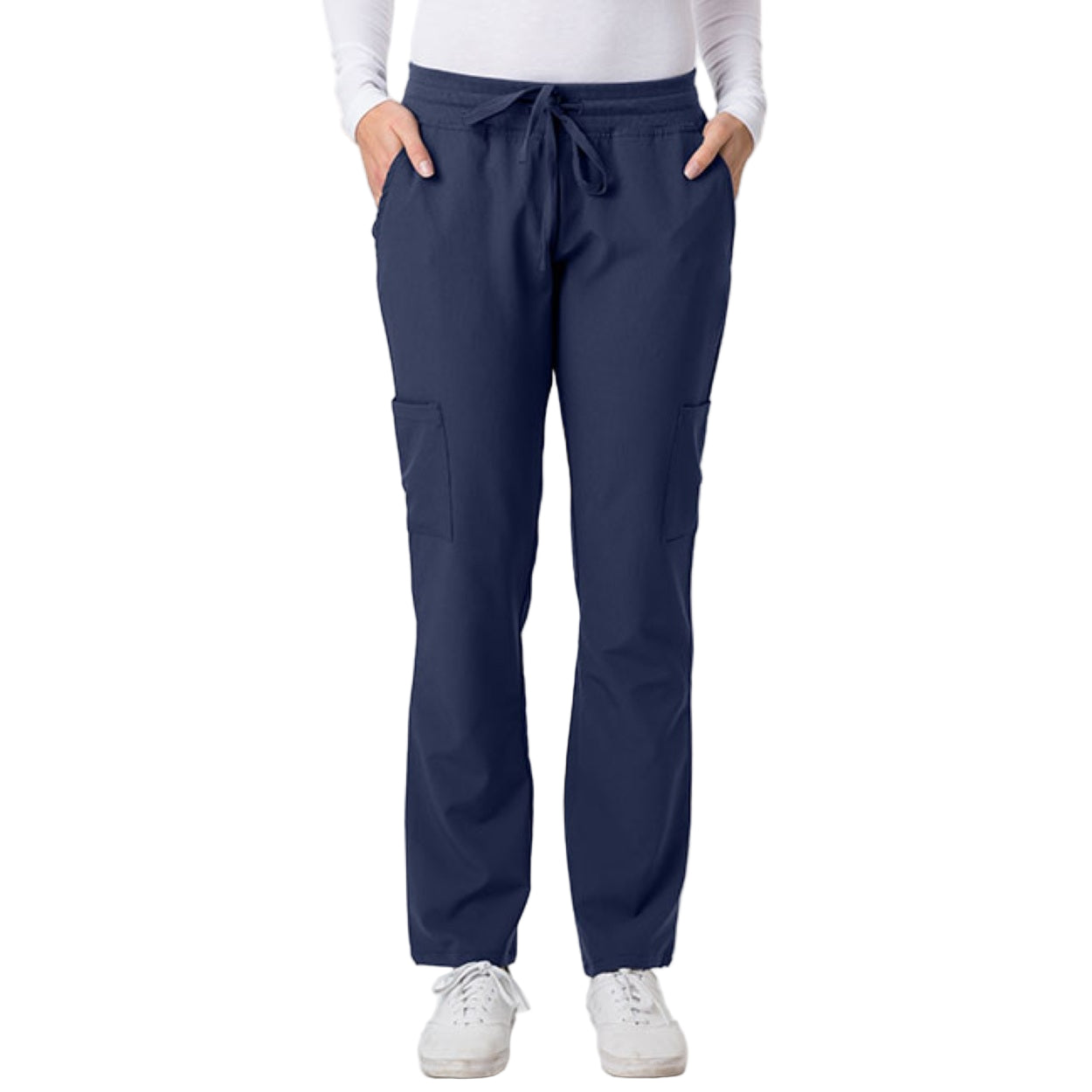 Navy scrub pants on a white background