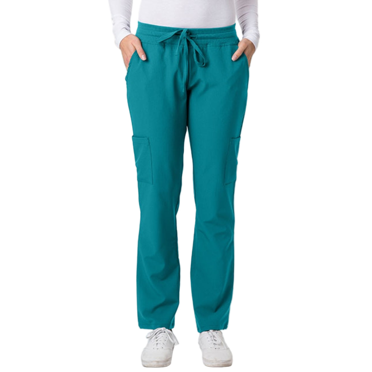 New teal scrub pants on a white background