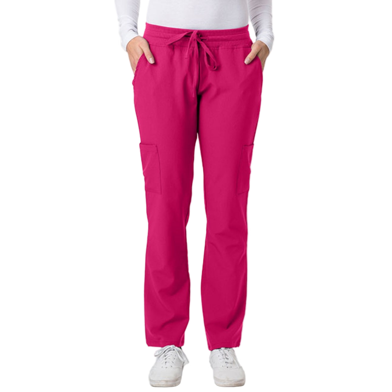 Raspberry pink scrub pants on a white background