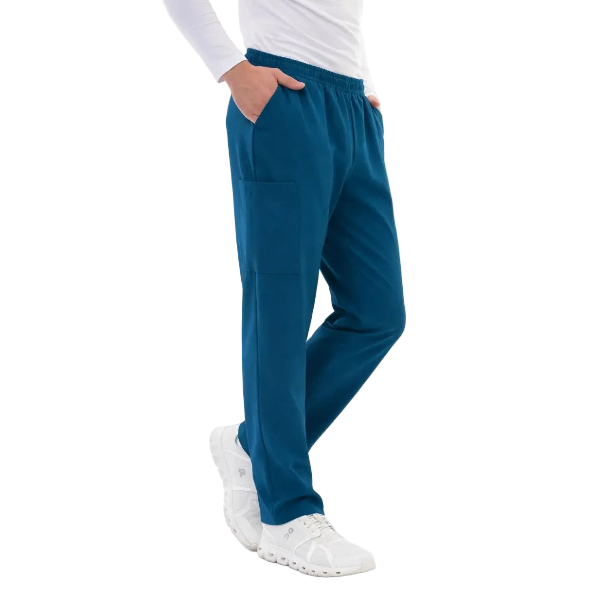 Caribbean blue scrub pants on a white background