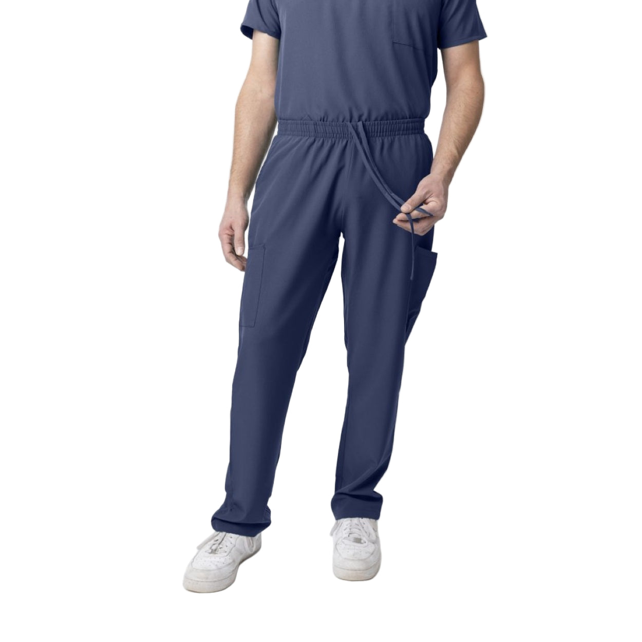 Navy scrub pants on a white background