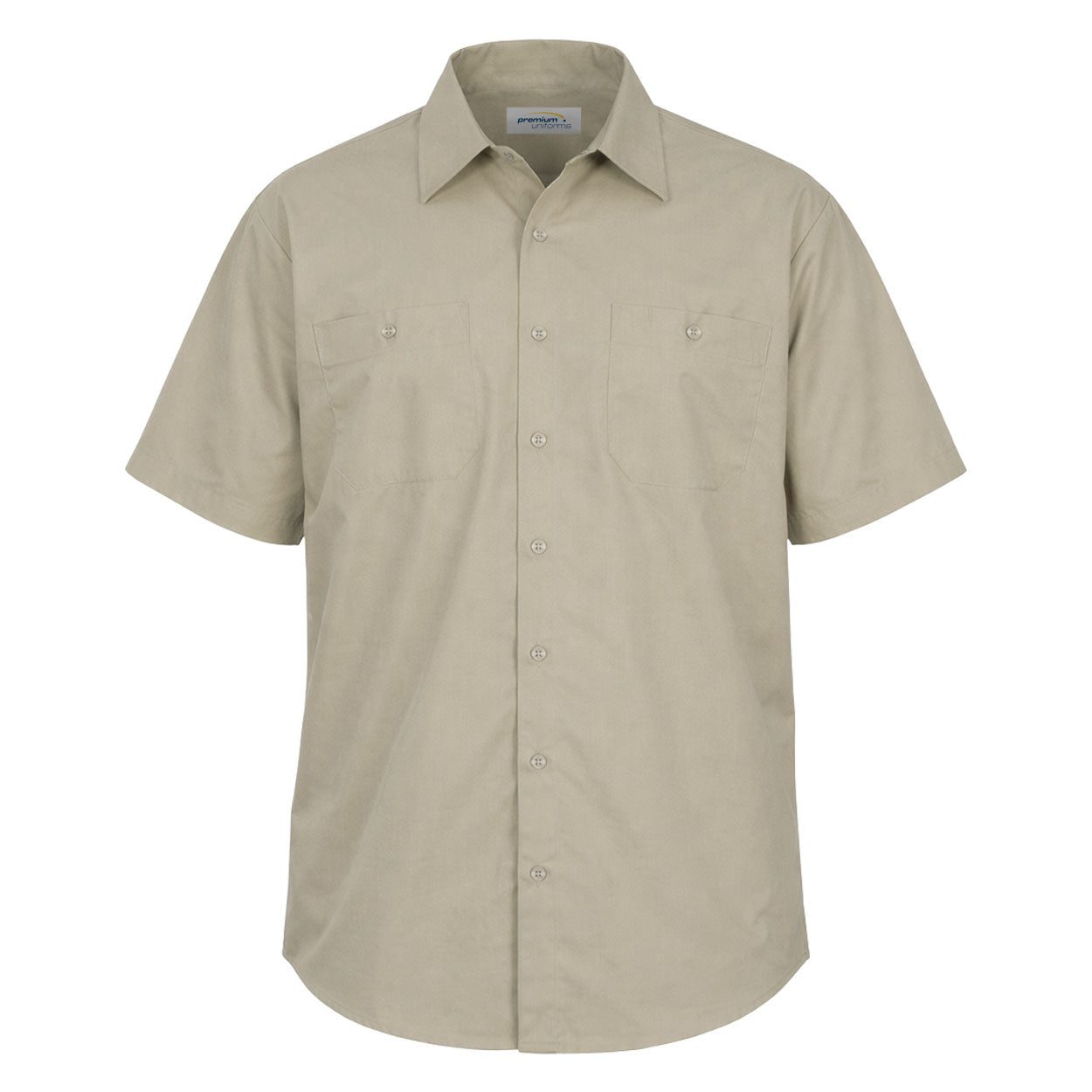 Tan short sleeve work shirt on white background
