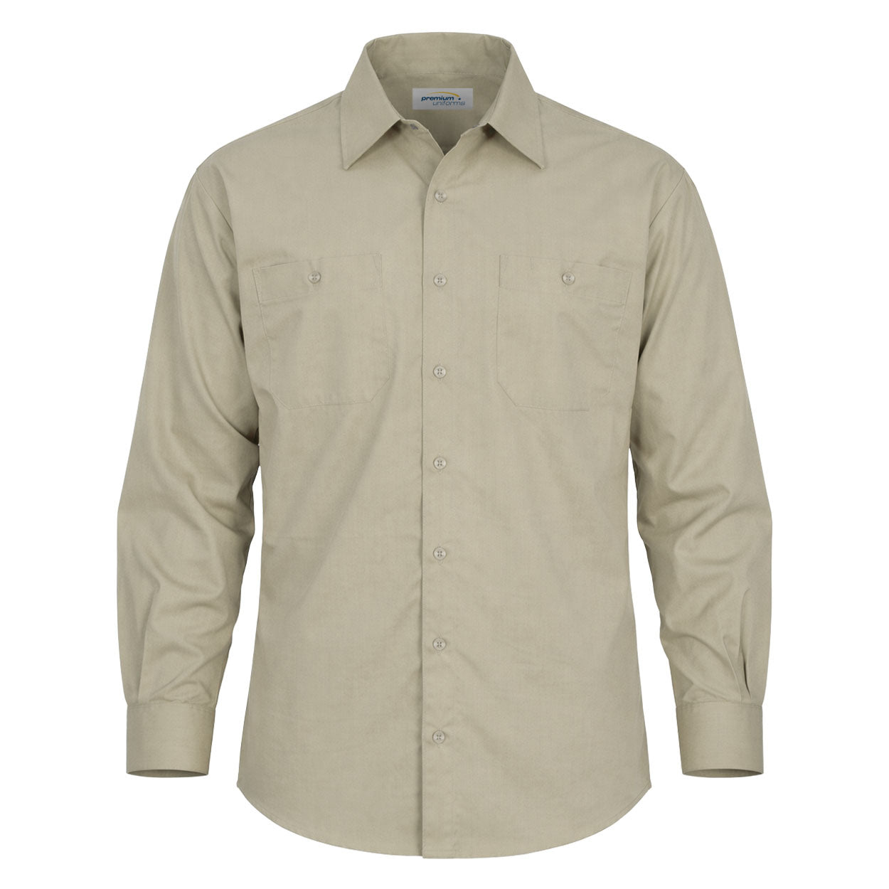 Tan long sleeve work shirt on white background