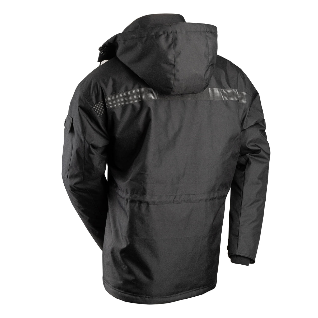 Black parka with hood on a white background