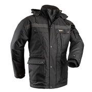 Black parka with hood on a white background