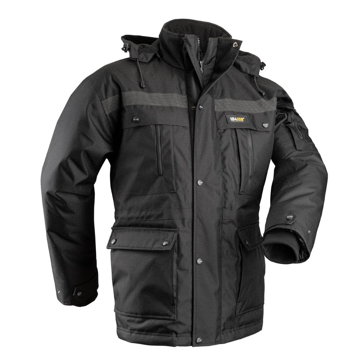 Black parka with hood on a white background