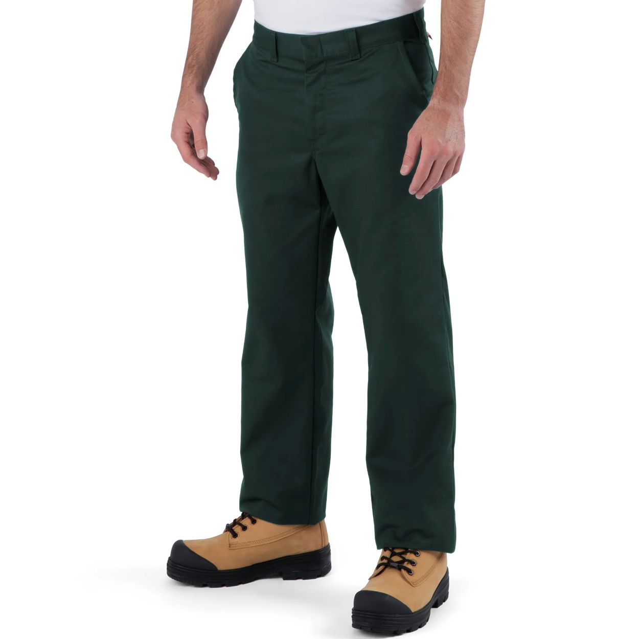 Dark green work pants on a white background