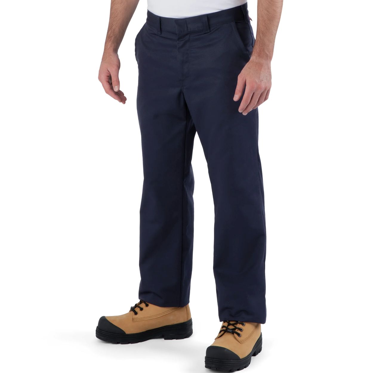 Navy work pants on a white background