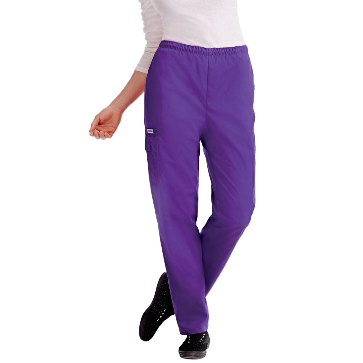 Eggplant purple scrub pants on a white background