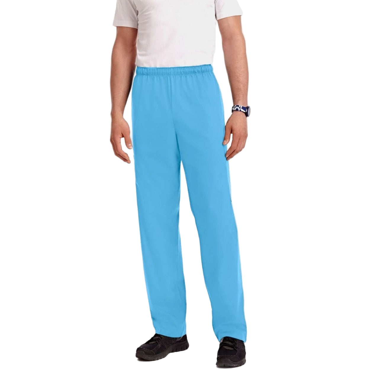 Sky blue scrub pants on a white background