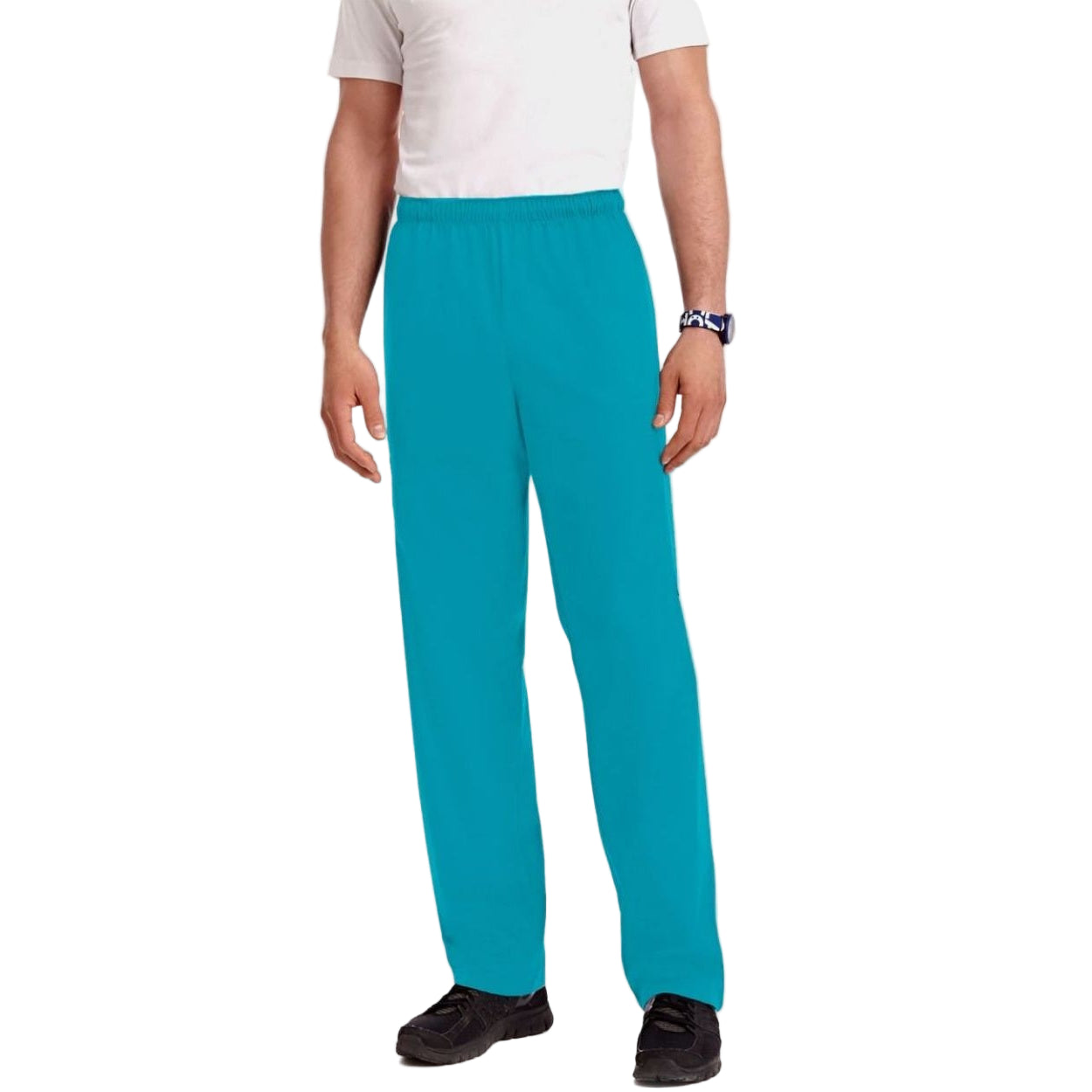 Teal scrub pants on a white background