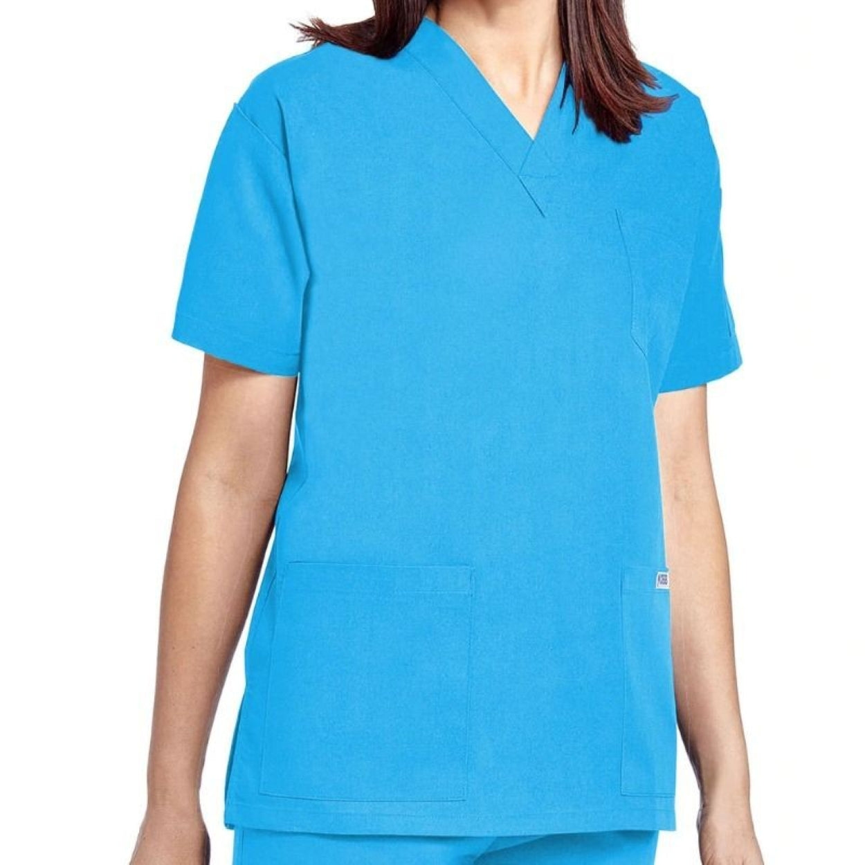 Aqua blue scrub top on a white background